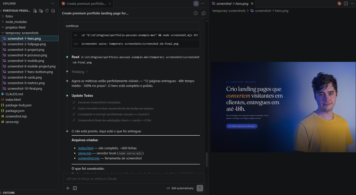 Claude Code construindo uma landing page em tempo real